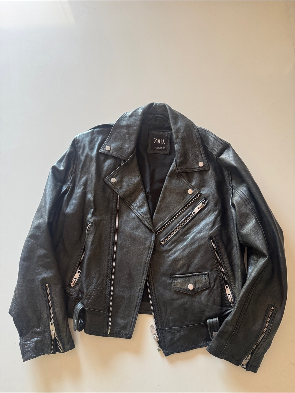 Zara Black Leather Biker Jacket with Silver Hardware